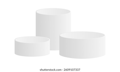 Round 3D podiums. Empty white pedestals. Vector