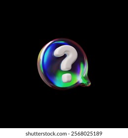 Round 3D speech bubble with glass holographic effect and question mark. Dialogue box with rainbow refraction. Conversational chat. Isolated black background. Vector illustration.