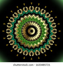 Round 3d vector mandala pattern. Surface ornamental luxury ornate background. Floral shiny vintage gold green flower lace ornament with lines, radial abstract shapes. Circle greek key meanders frames.