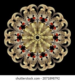 Round 3d vintage mandala pattern. Baroque, renaissance style floral background. Luxury decorative backdrop. Vintage flowers, leaves, frame. Damask ornaments. Beautiful ornate vector design. Rosette.