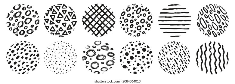 Round Abstract black Backgrounds or Patterns. Hand drawn doodle shapes. Spots, drops, curves, Lines. Modern trendy Vector illustration.