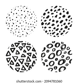 Round Abstract black Backgrounds or Patterns. Hand drawn doodle shapes. Spots, drops, curves, Lines. Modern trendy Vector illustration.