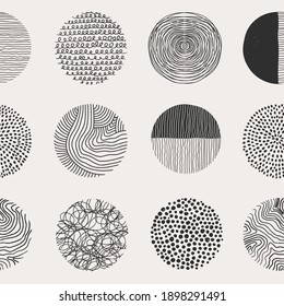 Round Abstract black Icons. Hand drawn doodle shapes. Spots, drops, curves, Lines. Contemporary modern trendy Vector Seamless Pattern. Square wallpaper. Trendy Background