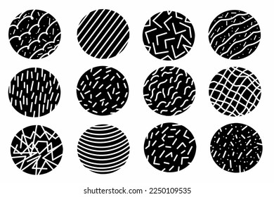 Round abstract black and white patterns set. Hand drawn doodle shapes. Vector illustration for posters, social media icons modern trendy templates.