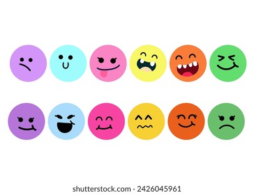 Round abstract cartoon faces with various emotions. Crayon drawing style, different colorful characters, cartoon style, flat design,UI, hand drawn, trendy vector illustration.