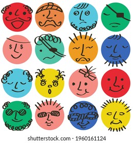 Round abstract colored comic faces with various emotions. Drawing hand work style. Flat design. Vector illustration.