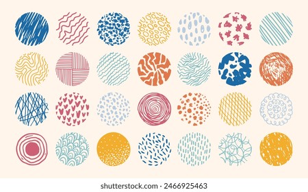 Round abstract colored set hand drawn doodle shapes. Backgrounds in the form of a circle of spots, lines, splashes, curves, stripes and dots. Vector illustration
