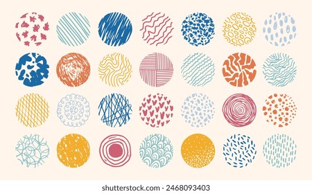 Round abstract colored set hand drawn doodle shapes. Backgrounds in the form of a circle of spots, lines, splashes, curves, stripes and dots. Vector illustration