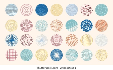 Conjunto de Formas de garabato dibujado a mano de color abstracto redondo. Fondos en forma de círculo de puntos, líneas, salpicaduras, curvas, rayas y puntos. Ilustración vectorial
