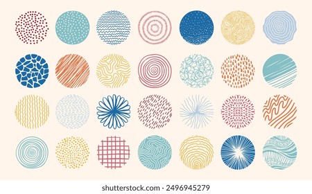 Conjunto abstracto redondo de color dibujado a mano doodle Formas. Fondos en forma de círculo de manchas, líneas, salpicaduras, curvas, rayas y puntos. Ilustración vectorial