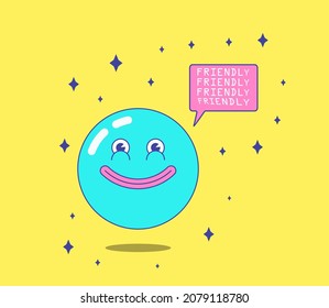 Round abstract comic face with a smile. 90s style. Colorful flat happy character. Vintage design. Simple funny geometric avatar. The happy geometric character with speech bubble. Vivid vector