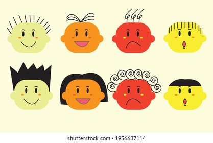Cara cómica abstracta redonda con varias emociones desde la cara del bebé superior y la inferior a la cara adulta. Diferentes personajes coloridos. Estilo de caricatura. Diseño plano. Ilustración vectorial de moda dibujada a mano