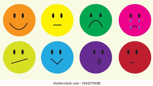 Round abstract comic face with various Emotions. Crayon drawing style. Different colorful characters. Cartoon style. Flat design. Vector illustration
