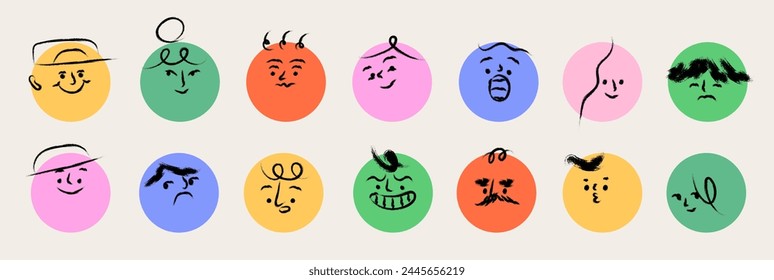 Round abstract comic faces design with different feelings and emotions. Crayon textured drawing. Different colorful characters in cartoon brush stroke style. Hand drawn trendy flat vector illustration