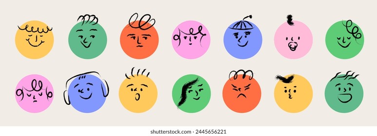 Round abstract comic faces design with different feelings and emotions. Crayon textured drawing. Different colorful characters in cartoon brush stroke style. Hand drawn trendy flat vector illustration