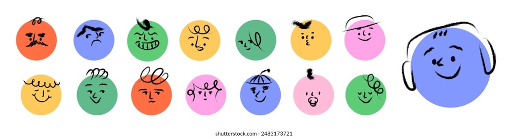 Round abstract comic faces design with different feelings and emotions. Crayon textured drawing. Different colorful characters in cartoon brush stroke style. Hand drawn trendy flat vector illustration