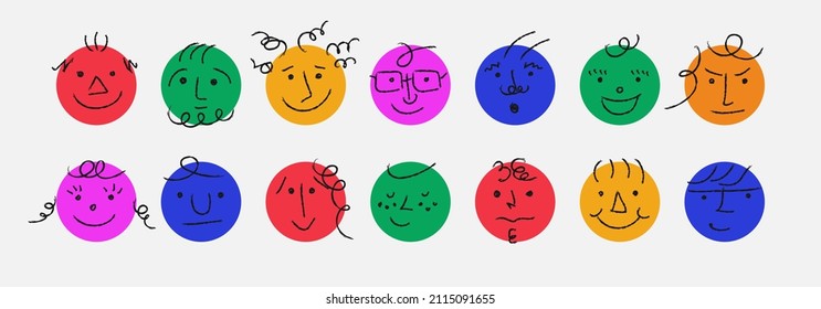 Round Abstract Comic Faces with Different Emotions. Pencil drawing style. Various colorful characters. Cartoon style. Flat design. Hand drawn fashion vector illustration.