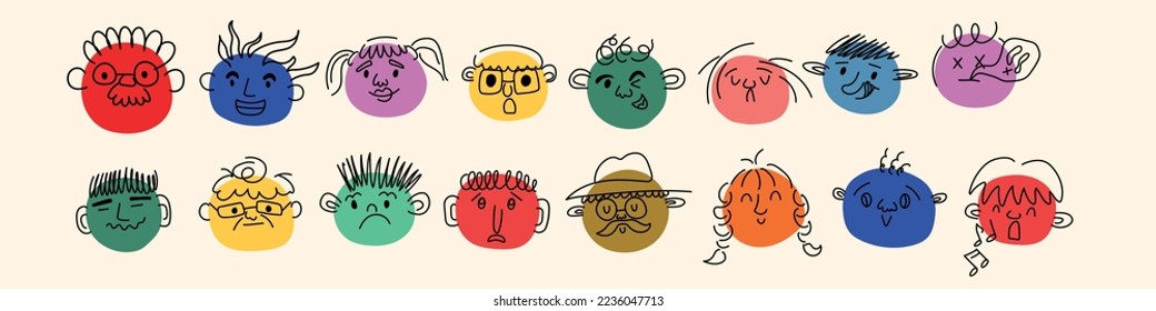 Round abstract comic Faces with different emotions. Pencil drawing style. Various colorful characters. Cartoon style. Flat design. Hand drawn fashion vector illustration.