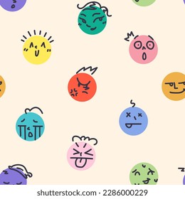 Round abstract comic faces with different emotions. Seamless background with various colorful characters. cartoon style. flat design. Set of vector emoticons for print, paper, fabric. - Powered by Shutterstock - Get 15% off with code: PIKWIZARD15
