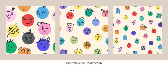 Round abstract comic faces with different emotions. Set of seamless backgrounds with various colorful characters. cartoon style. flat design. Set of vector emoticons for print, paper, fabric.