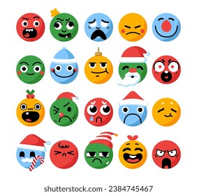 Round abstract comic faces with different emotions. Various funny Christmas characters with santa claus hat. Cartoon style. Flat design. Set of vector emoticons for holiday concept.