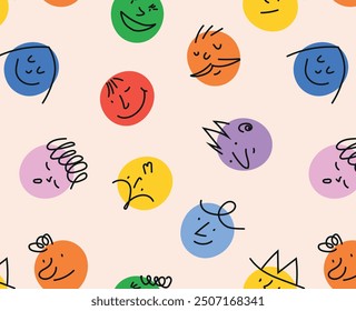 Round abstract comic faces with different emotions. Seamless background with colorful characters. Flat design. Ideal for printing, paper, fabric.