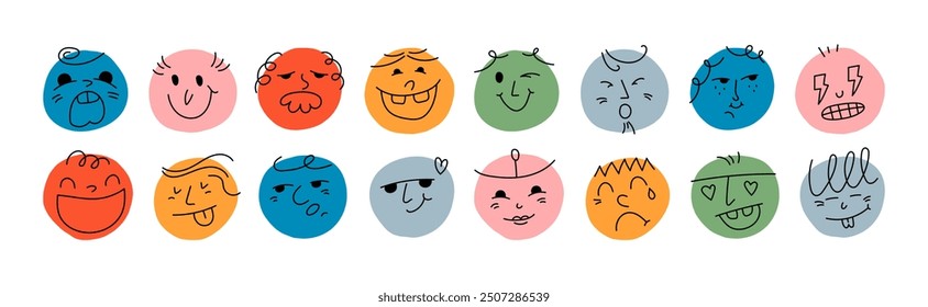 Round Abstract Comic Faces with Different Emotions. Various colorful characters. Cartoon style. Flat design. Set of vector emoticons.