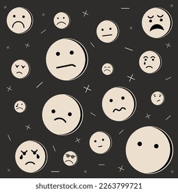 Round abstract comic Faces with sad Emotions. unhappy faces upset  Emoji Face Seamless Background Pattern.