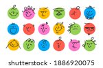 Round abstract comic Faces with various Emotions. Crayon drawing style. Different colorful characters. Cartoon style. Flat design. Hand drawn trendy Vector illustration. Every face is isolated