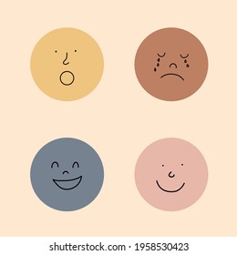 Runde abstrakte Comic-Gesichter mit verschiedenen Emotionen. Cartoon-Stil. Flaches Design. Alle Elemente sind isoliert. Quadratische Plakate, Logo-Vorlagen