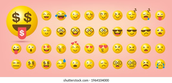 Round abstract comic Faces with various Emotions. Social media icons set. Yellow characters. Cartoon style. Trendy Vector illustration EPS10.