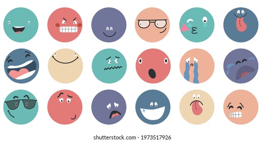 Round abstract comic Faces with various Emotions.  Different colorful characters. Flat design. Emoticons set. Emoji faces emoticon smile, digital smiley expression emotion feelings, chat messenger