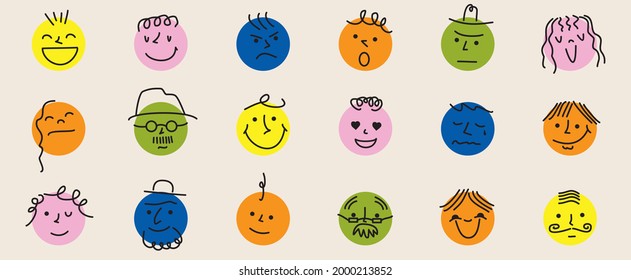 Round abstract comic Faces with various Emotions. Crayon drawing style. Different colorful characters. Cartoon style. Flat design. Hand drawn trendy Vector illustration.