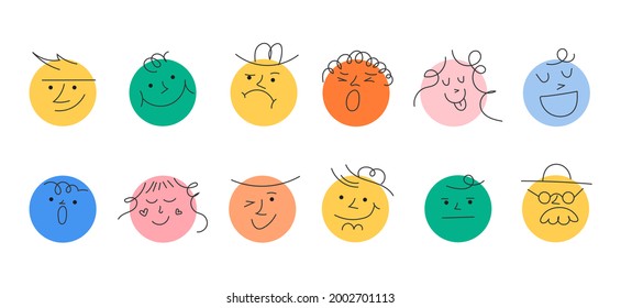 Round abstract comic Faces with various Emotions. Crayon drawing style. Different colorful characters. Stickers for websites and social network. Hand drawn flat Linear vector set on a white background