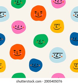 Round abstract comic Faces with various emotions. Kids drawing style. Different colorful characters. Cartoon style. Flat design. Hand drawn trendy Vector illustration. Square seamless pattern