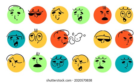 Round abstract comic Faces with various Emotions. Crayon drawing style. Different colorful characters. Cartoon style. Flat design. Hand drawn trendy Vector illustration. Every face is isolated