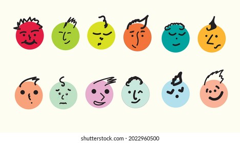 Round abstract comic Faces with various Emotions. Crayon drawing style. Different colorful characters.