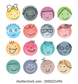 Round abstract comic Faces with various Emotions. Crayon drawing style. Hand drawn Vector illustration.