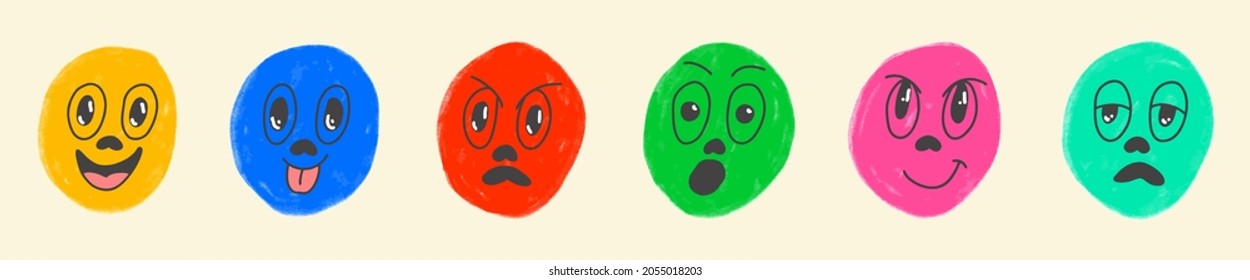 Round abstract comic Faces with various Emotions. Crayon drawing style. Different colorful characters. Cartoon style. Flat design. Hand drawn trendy Vector illustration.