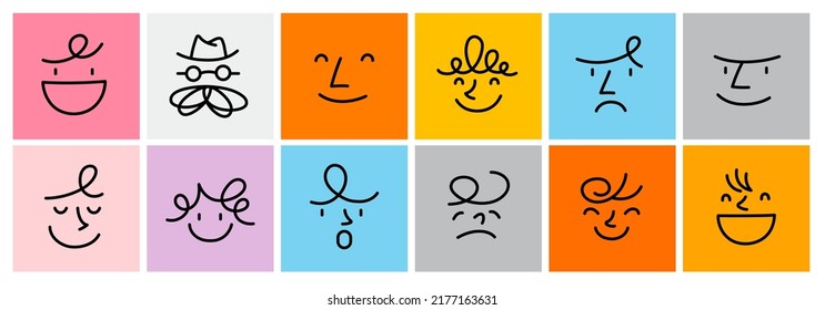 Round abstract comic Faces with various Emotions. Crayon drawing style. Different colorful characters. Cartoon style. Flat design. Hand drawn trendy Vector illustration