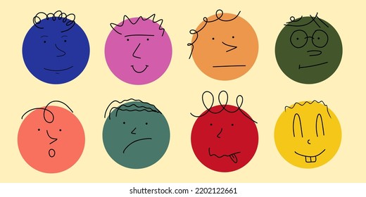 Round abstract comic Faces with various Emotions. Different colorful characters. Stickers for websites and social network.
