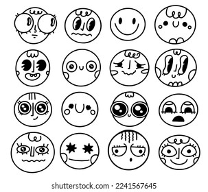 Round abstract comic Faces with various Emotions.Old cartoon mascot character elements. Crayon drawing style. Cartoon style. Flat design. Hand drawn trendy Vector illustration. Every face is isolated.