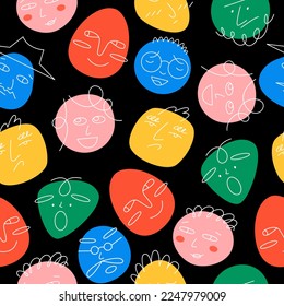 Round abstract comic faces with various emotions seamless pattern. Crayon style. Different colorful characters. Cartoon style. Flat design. Hand drawn trendy vector illustration isolated on background