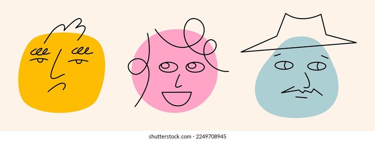 Round abstract comic faces with various emotions set. Crayon drawing style. Different colorful characters. Cartoon style. Flat design. Hand drawn trendy vector illustration isolated on background.