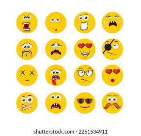 Round abstract comic Faces with various Emotions. Cartoon drawing style. Different colorful characters, Flat design. Hand drawn trendy Vector illustration.