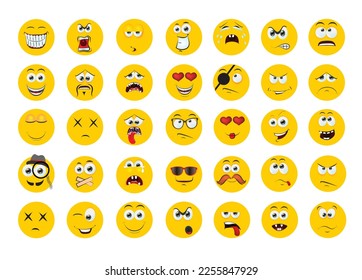 Round abstract comic Faces with various Emotions. Cartoon drawing style. Different colorful characters, Flat design. Hand drawn trendy Vector illustration.