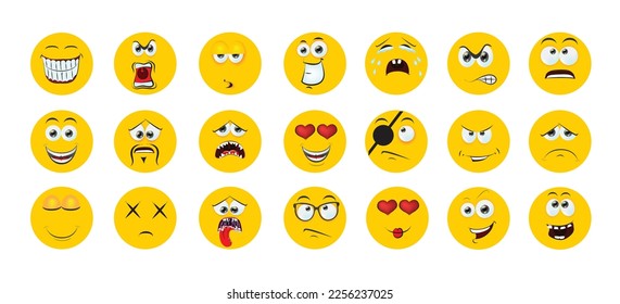 Round abstract comic Faces with various Emotions. Cartoon drawing style. Different colorful characters, Flat design. Hand drawn trendy Vector illustration.