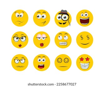 Round abstract comic Faces with various Emotions. Cartoon drawing style. Different colorful characters, Flat design. Hand drawn trendy Vector illustration.