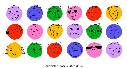 Round abstract comic Faces with various Emotions. Crayon drawing style. Different colorful characters. Cartoon style. Flat design. Hand drawn trendy Vector illustration. Every face is isolated