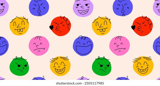 Round abstract comic Faces with various Emotions. Crayon drawing style. Different colorful characters. Cartoon style. Vector illustration seamless pattern with happy smile colorful. Flat design